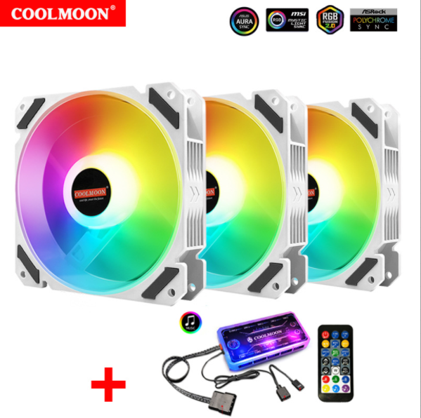 COOLMOON RGB Fan 12cm Case Fan Interior Illuminated Silent Desktop Cooling Fan (3 Silent Moon White + Music ARGB Controller)