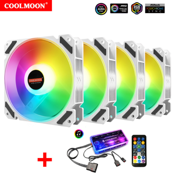 COOLMOON RGB Fan 12cm Case Fan Luminous Silent Desktop Cooling Fan (4 Silent Moon White + Music ARGB Controller)