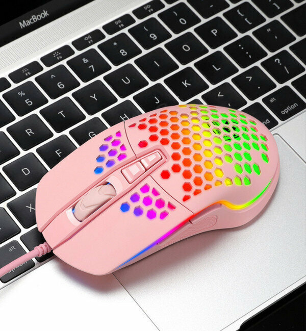 Wired Lightweight RGB Colorful Glare Gaming Mouse - V9 Hole Mouse - Pink