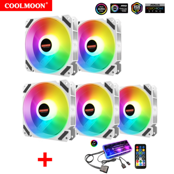 COOLMOON RGB Fan 12cm Case Fan Interior Illuminated Silent Desktop Cooling Fan (5 Silent Moon White + Music ARGB Controller)