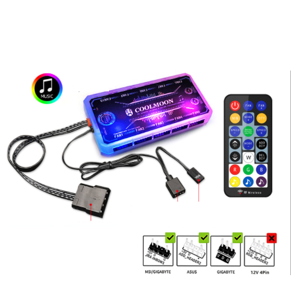 COOLMOON Ark Case Fan 12cm Desktop Computer Cooling Double Ring Octagonal Color Changing RGB Fan (Music ARGB Motherboard Sync Controller)