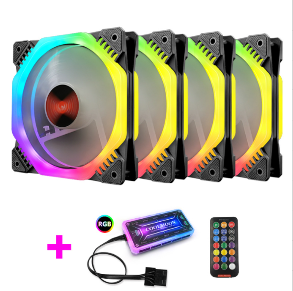 COOLMOON Ark Case Fan 12cm Desktop Computer Cooling Double Ring Octagonal Color Changing RGB Fan (4 Ark Fans + 1 Set of Standard Controllers)
