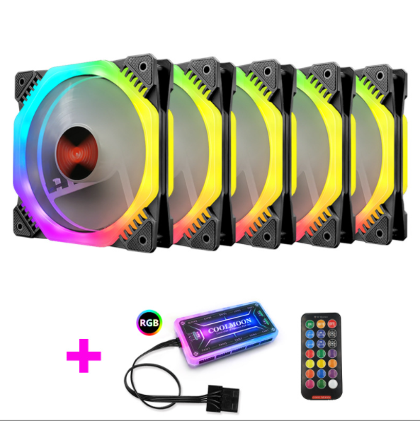 COOLMOON Ark Case Fan 12cm Desktop Computer Cooling Double Ring Octagonal Color Changing RGB Fan (5 Ark Fans + 1 Set of Standard Controllers)