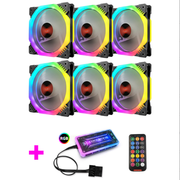 COOLMOON Ark Case Fan 12cm Desktop Computer Cooling Double Ring Octagonal Color Changing RGB Fan (6 Ark Fans + 1 Set of Standard Controllers)