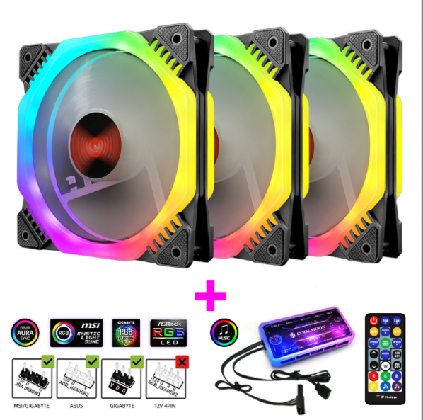 COOLMOON Ark Case Fan 12cm Desktop Computer Cooling Double Ring Octagonal Color Changing RGB Fan (3 Ark Fans + 1 Set of Music ARGB Controller)