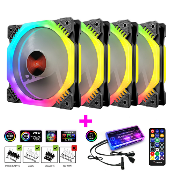 COOLMOON Ark Case Fan 12cm Desktop Computer Cooling Double Ring Octagonal Color Changing RGB Fan (4 Ark Fans + 1 Set of Music ARGB Controller)