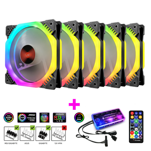COOLMOON Ark Case Fan 12cm Desktop Computer Cooling Double Ring Octagonal Color Changing RGB Fan (5 Ark Fans + 1 Set of Music ARGB Controller)