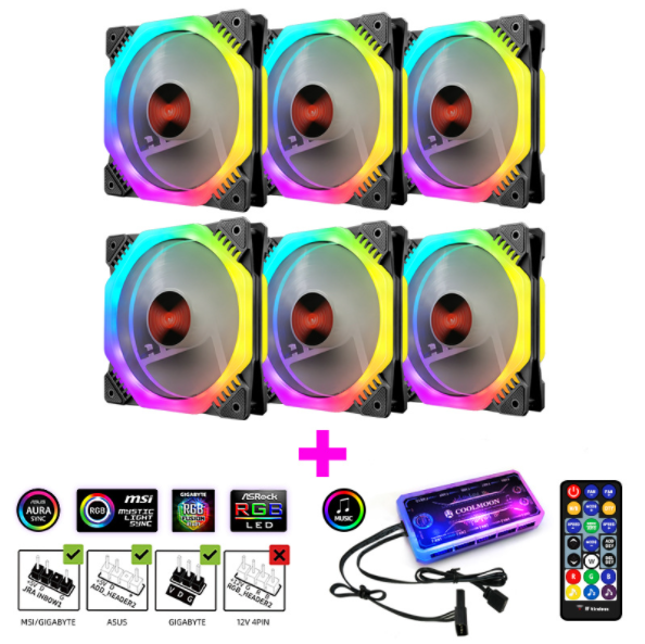 COOLMOON Ark Case Fan 12cm Desktop PC Cooling Double Ring Octagonal Color Changing RGB Fan (6 Ark Fans + 1 Set of Music ARGB Controller)
