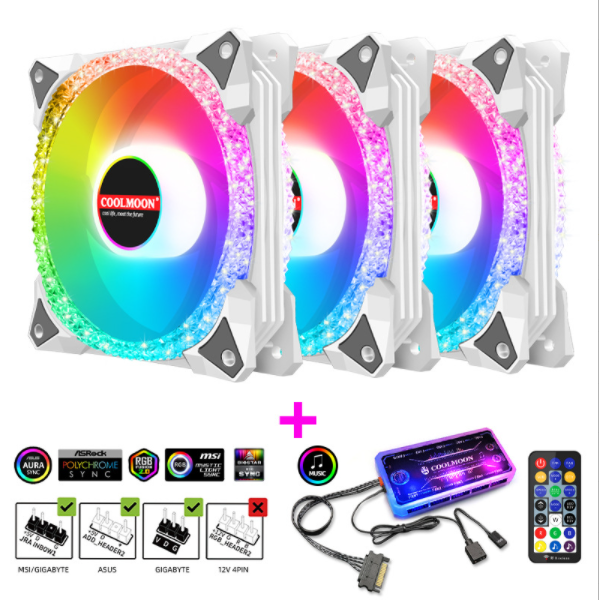 COOLMOON AS2 Case Fan 12cm Dual Aperture Desktop Computer Cooling Silent RGB Fan (Magic Diamond White 3pcs + Music ARGB Controller Set)
