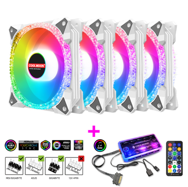 COOLMOON AS2 Case Fan 12cm Dual Aperture Desktop Computer Cooling Silent RGB Fan (Magic Diamond White 4pcs + Music ARGB Controller Set)