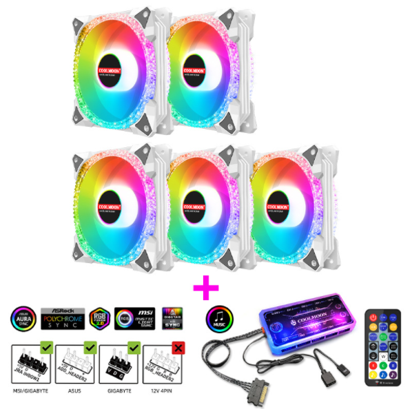 COOLMOON AS2 Case Fan 12cm Dual Aperture Desktop Computer Cooling Silent RGB Fan (5pcs of Magic Diamond White + Music ARGB Controller Set)