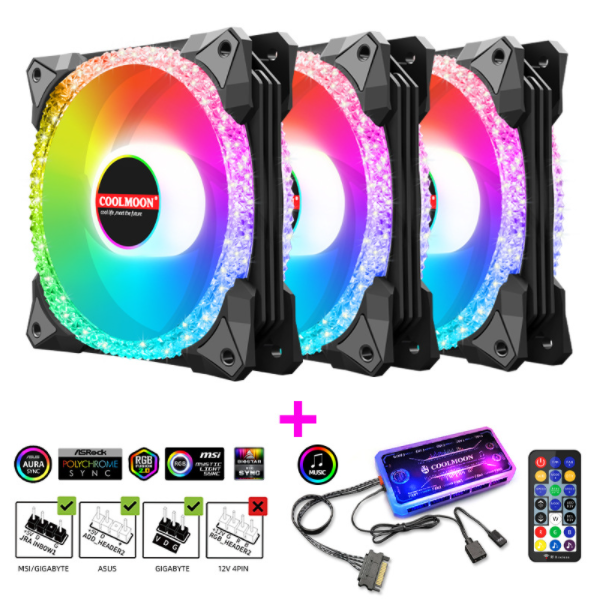COOLMOON AS2 Case Fan 12cm Dual Aperture Desktop Computer Cooling Silent RGB Fan (Magic Diamond Black 3pcs + Music ARGB Controller Set)