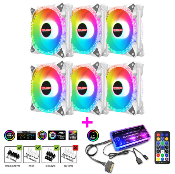 COOLMOON AS2 Case Fan 12cm Dual Aperture Desktop Computer Cooling Silent RGB Fan (Magic Diamond White 6pcs + Music ARGB Controller Set)