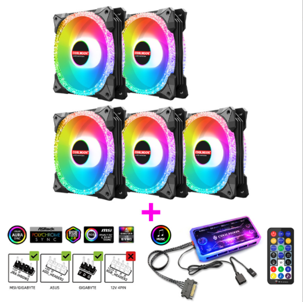 COOLMOON AS2 Case Fan 12cm Dual Aperture Desktop Computer Cooling Silent RGB Fan (Magic Diamond Black 5pcs + Music ARGB Controller Set)
