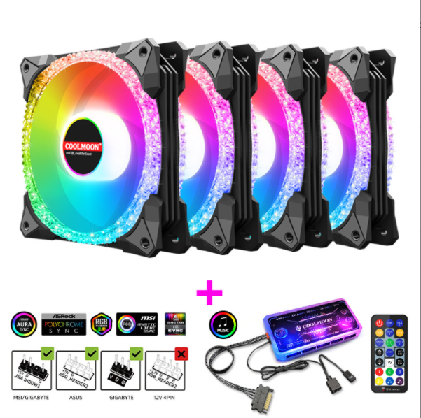 COOLMOON AS2 Case Fan 12cm Dual Aperture Desktop Computer Cooling Silent RGB Fan (Magic Diamond Black 4pcs + Music ARGB Controller Set)