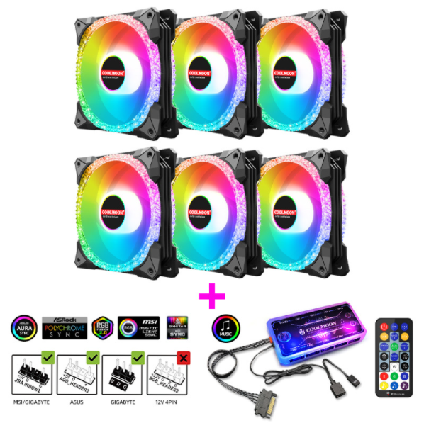 COOLMOON AS2 Case Fan 12cm Dual Aperture Desktop Computer Cooling Silent RGB Fan (Magic Diamond Black 6pcs + Music ARGB Controller Set)