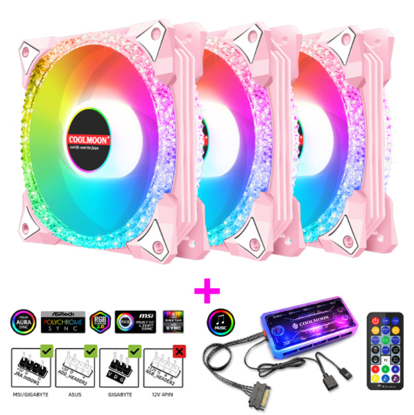 COOLMOON AS2 Case Fan 12cm Dual Aperture Desktop Computer Cooling Silent RGB Fan (3 Magic Diamond Powder + Music ARGB Controller Set)