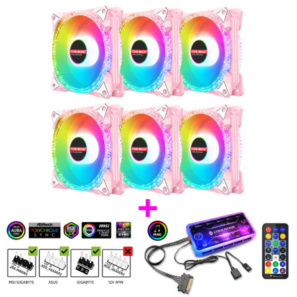 COOLMOON AS2 Case Fan 12cm Dual Aperture Desktop Computer Cooling Silent RGB Fan (6 Magic Diamond Powder + Music ARGB Controller Set)