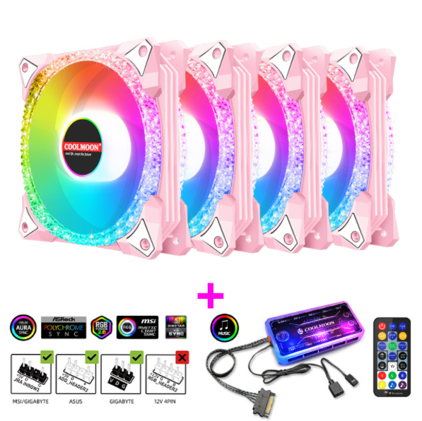 COOLMOON AS2 Case Fan 12cm Dual Aperture Desktop Computer Cooling Silent RGB Fan (4 Magic Diamond Powder + Music ARGB Controller Set)