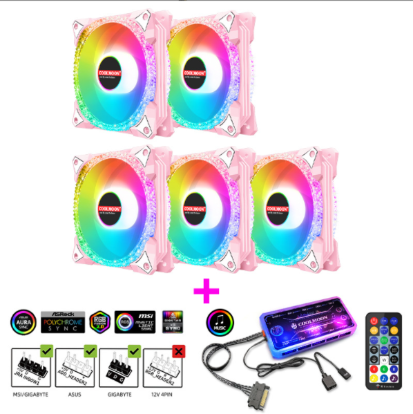 COOLMOON AS2 Case Fan 12cm Dual Aperture Desktop Computer Cooling Silent RGB Fan (5 Magic Diamond Powder + Music ARGB Controller Set)