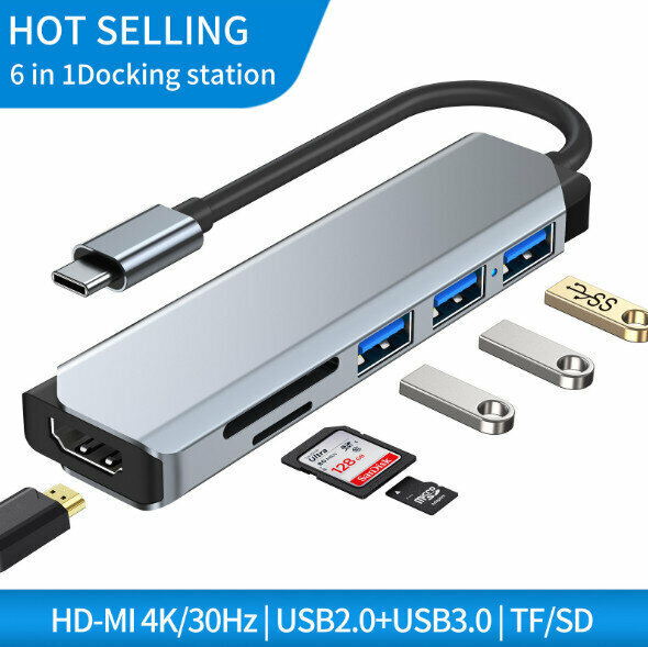 熱賣擴展塢usb hub3.0 4K讀卡筆記本拓展塢（6合1 typec轉 高清+usb3.0+2.0*2+sd+tf）