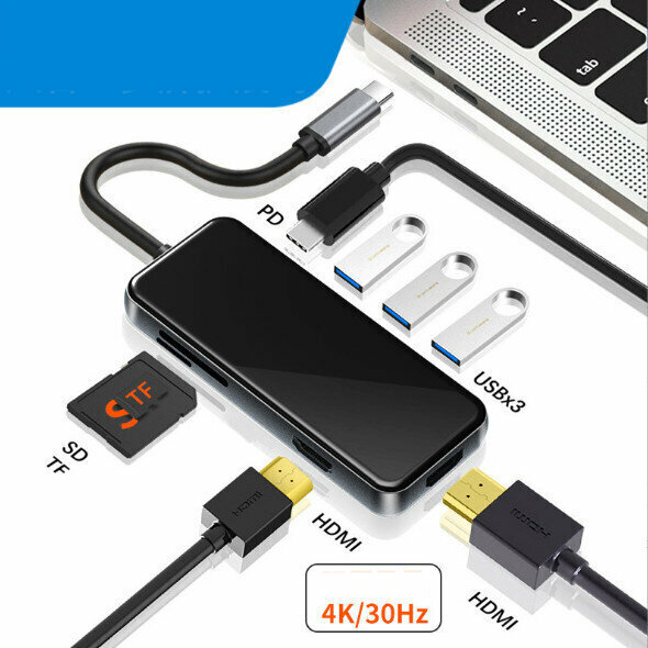 熱賣USB-c多屏擴展塢轉雙高清筆記本雙顯示器（八合一 type-c轉 高清*2+usb3.0*3+pd+sd+tf）