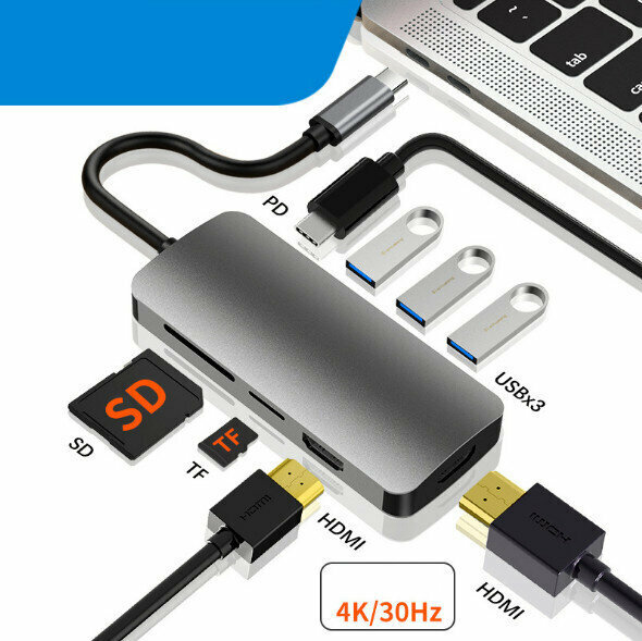 熱賣USB c hub分屏異顯擴展塢 usb c 拓展筆記本電腦雙顯示器（八合一 type-c轉高清*2+usb3.0*3+sd+tf+pd）