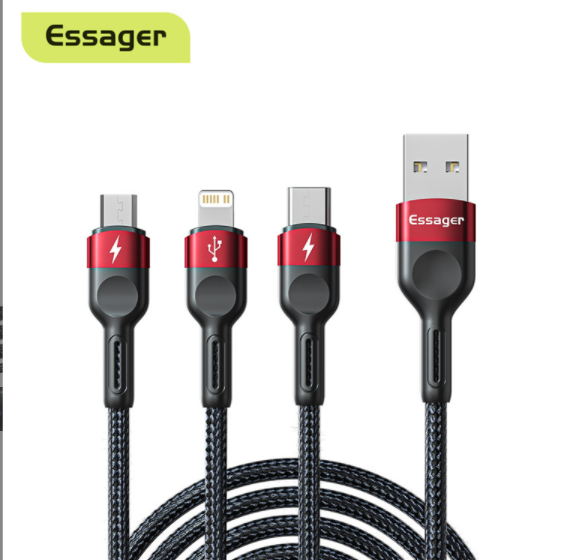 1-in-3 Smart Fast Charging Nylon Braided Data Cable (Black Red 1.2M)