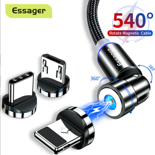 540 Degree Magnetic Rotating Charging 3-in-1 180 Degree Rotating Mobile Phone Charging Cable (1 Wire 3 Heads Black 1M)