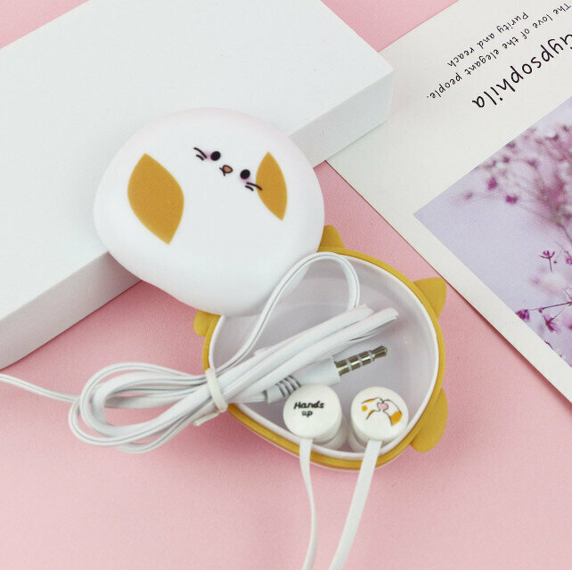 In-ear cute storage box headphones wired headphones (white)