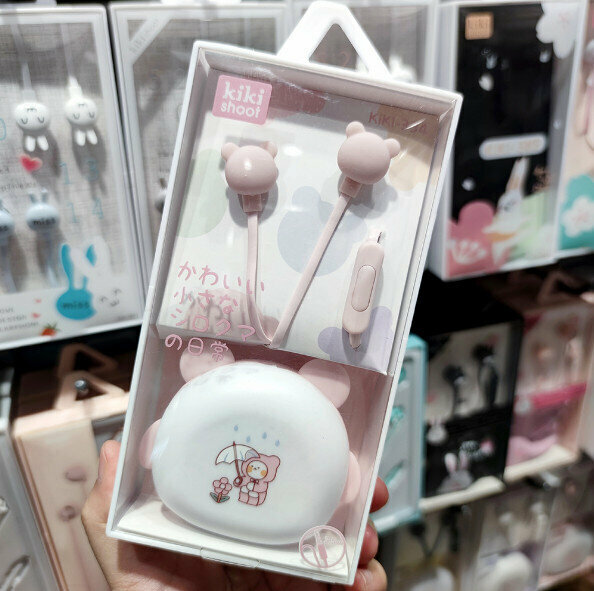 Cartoon Bear Ears Box Storage Headphones Wired Headphones (Pink)