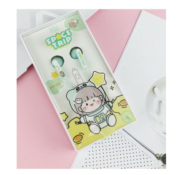 Cartoon Girl Print Cute Headphone Line Control With Microphone Cartoon Box Headphones (Green)