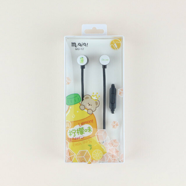 3.5 Round Hole Pin Line Control with Microphone Cartoon Print Cute Box Small Headphones (Black)