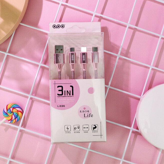 2.1A A 3-in-1 Mobile Phone Fast Charging Data Cable (Pink 1-meter Line 3-in-1)