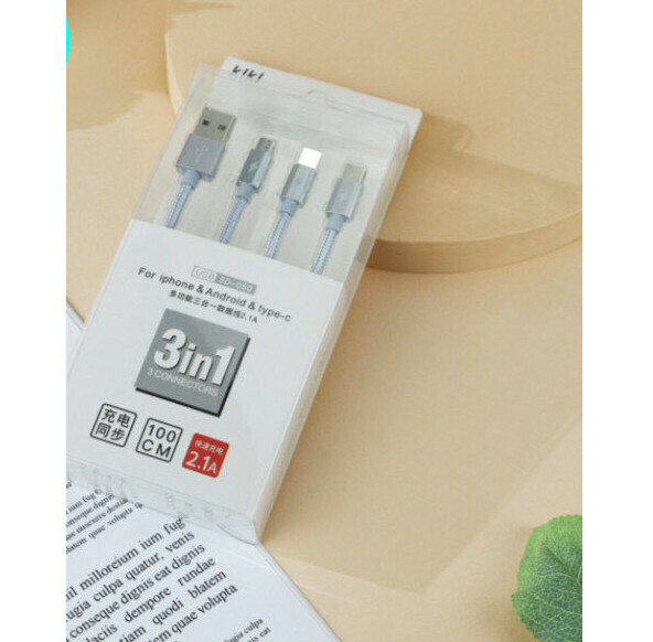 熱推三合一數據線適用蘋果安卓TYPE-C快充一拖三1米充電線（灰色 蘋果+安卓+TYPE-C）