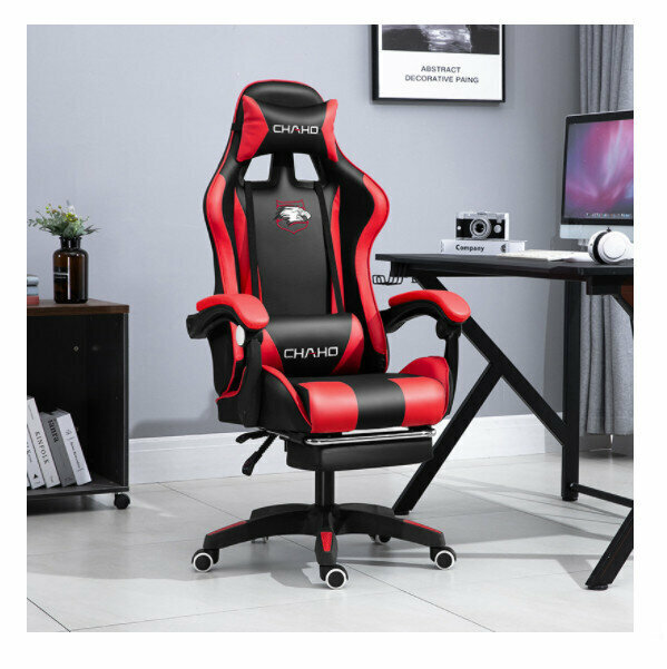 Office computer chair and gaming chair (black and red + foot rest + audio latex backrest and cushion - nylon feet)