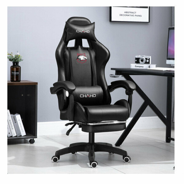 Office Computer Chair Gaming Chair (All Black + Foot Rest + Audio Latex Backrest and Cushion - Nylon Feet)