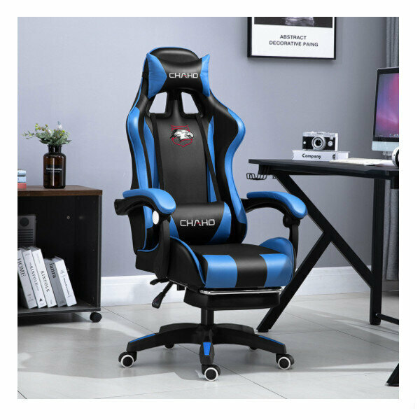 Office Computer Chair Gaming Chair (Black Blue + Foot Rest + Audio Latex Backrest and Cushion - Nylon Feet)