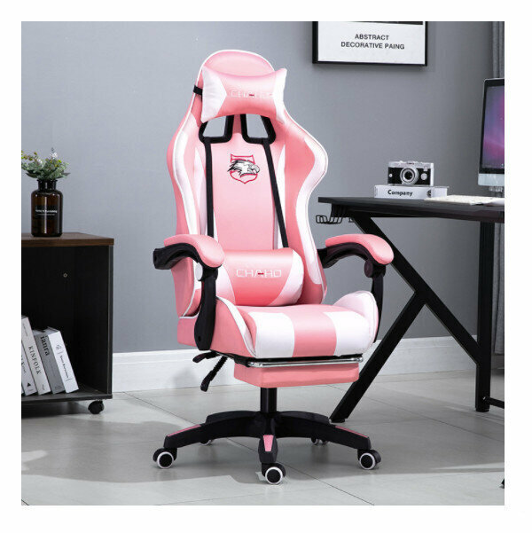Office Computer Chair Gaming Chair (Pink + Foot Rest + Audio Latex Backrest and Cushion - Nylon Feet)