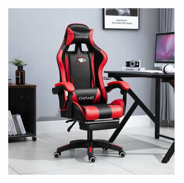 Office Computer Chair Gaming Chair (Black and Red + Footrest Latex Backrest and Cushion - Nylon Feet)