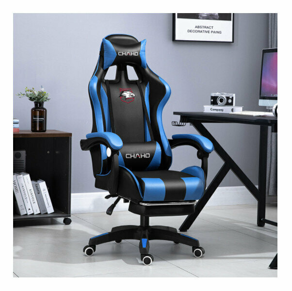 Office Computer Chair Gaming Chair (Black Blue + Footrest Latex Backrest & Cushion - Nylon Feet)