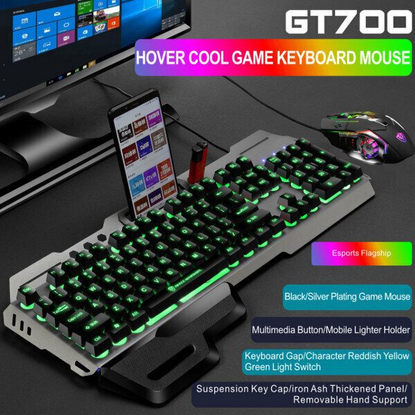 Wired Keyboard Mouse GT700/GK70 - Black Tricolor/Character Gap Luminous Keyboard + Macro Programming Mouse