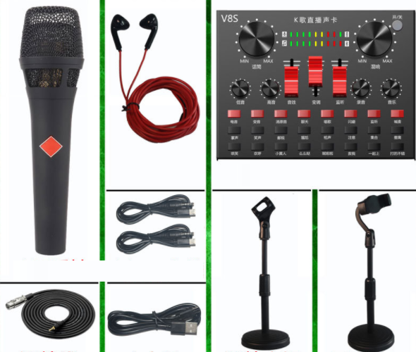 Live Streaming Equipment Set Wireless Microphone (V8S+105 Black + Microphone Stand + Mobile Phone Holder + Headphones)