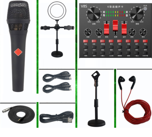 Live broadcast equipment set wireless microphone (V8S + 105 black + microphone stand + 16CM fill light stand + headphone)