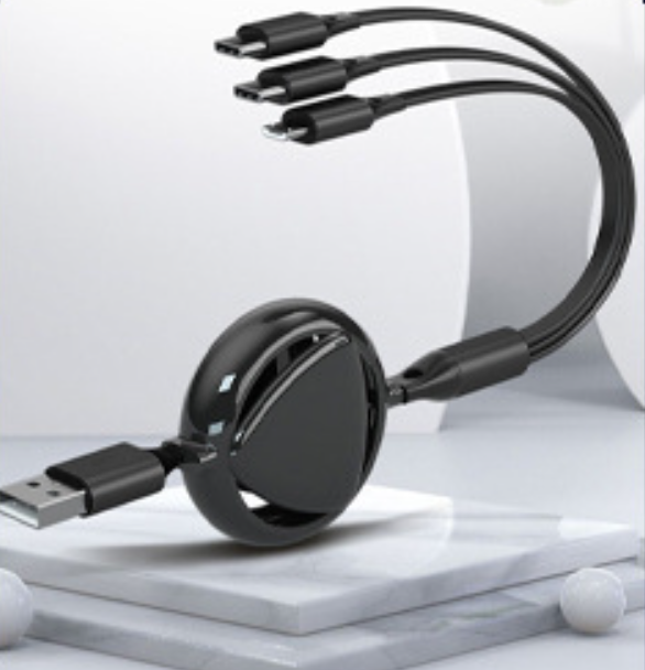 【2 Packs】Two-way retractable one-in-three charging cable for Apple, Android, Huawei, 3-in-1 fast charging data cable (Wisdom Black)