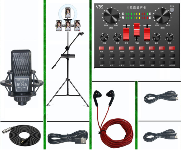 Live broadcast equipment set wireless microphone (V8S + 260 square microphone + 26CM floor light bracket + headphones)