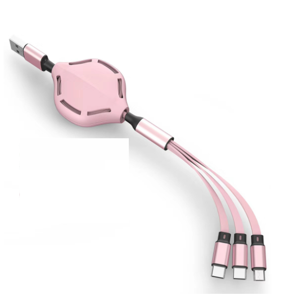 【2 packs】Two-way retractable one-in-three charging cable for Apple, Android, Huawei 3-in-1 fast charging data cable (pink sand)
