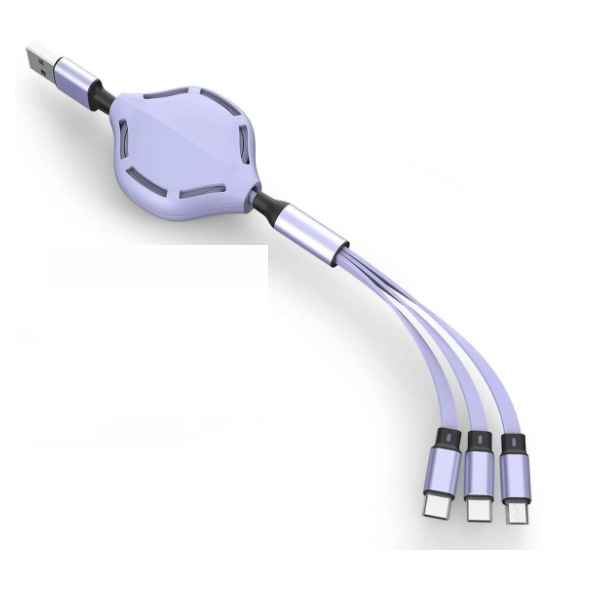 【2 packs】Two-way retractable one-in-three charging cable for Apple, Android, Huawei 3-in-1 fast charging data cable (Dream Purple)
