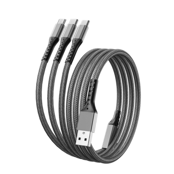 激抵66W超級快充一拖三數據線 5A三合一充電線【66w漁網一拖三5A（灰色）】