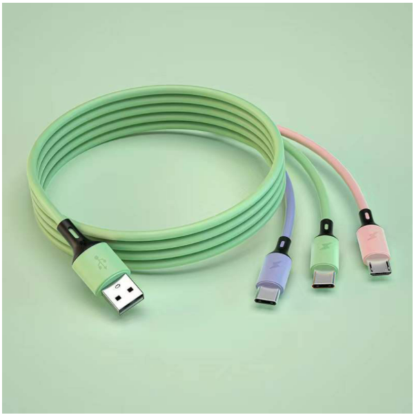 Liquid silicone one-in-three data cable 3A fast charging three-in-one charging cable [1.2m liquid one-in-three (three-color)]